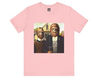 Squatch Gothic | American Gothic | Funny Bigfoot Tees | Art parody | Artsy Shirts | Sasquatch T-shirt | Unisex Men's Short Sleeve T-Shirt