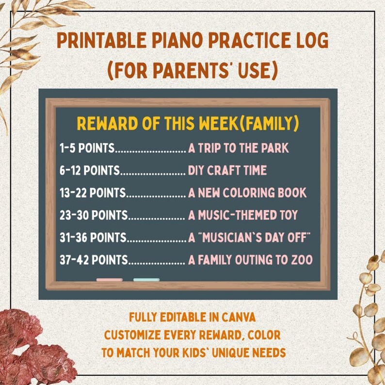 Printable Piano Practice Chart: Editable Reward Tracker (digital ...