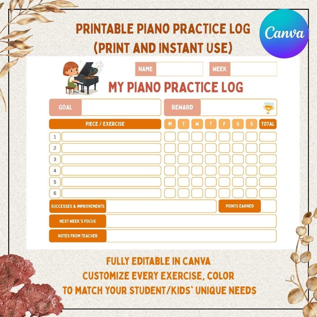 Printable Piano Practice Chart: Editable Reward Tracker (digital ...