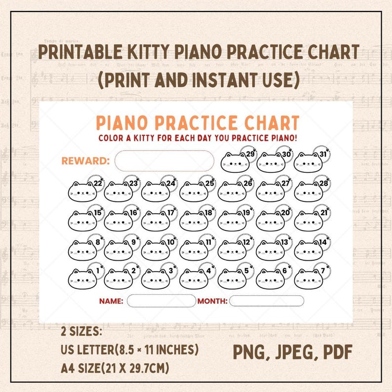 Printable Piano Practice Tracker, Colouring the Cat, Music Practice Log ...