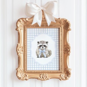 Raccoon Art Print, Forest Nursery Art Print, Digital Instant Download Watercolor Wall Decor, Blue Gingham Plaid Pattern