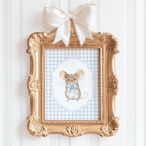 Mouse Art Print, Forest Nursery Art Print, Digital Instant Download Watercolor Wall Decor, Blue Gingham Plaid Pattern