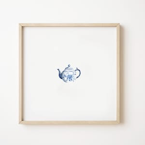 Teapot Art Print, Blue China Chinoiserie Teapot, Watercolor Painting, Digital Download Small Tiny Wall Decor