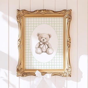 Teddy Bear Nursery Art Print, Digital Instant Download Wall Decor, Gender Neutral Sage Green Watercolor Gingham Plaid