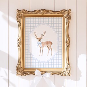 Deer Art Print, Forest Nursery Art Print, Digital Instant Download Watercolor Wall Decor, Blue Gingham Plaid Pattern