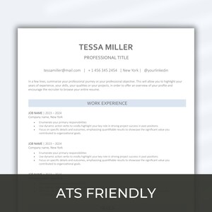 Peut inclure: Un modèle de CV avec le titre "ATS Friendly" en bas. Le CV est pour Tessa Miller, qui postule pour un poste professionnel. Le CV comprend des coordonnées, une expérience professionnelle et une section pour résumer les objectifs professionnels.