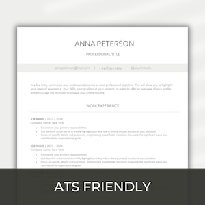 Peut inclure: Un modèle de CV simple et moderne avec le texte "ATS FRIENDLY" en bas. Le CV est pour Anna Peterson, qui indique son adresse e-mail, son numéro de téléphone et son profil de médias sociaux.