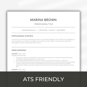 Peut inclure: Un modèle de CV en noir et blanc avec le nom Marina Brown en haut. Le CV comprend une section d'aperçu professionnel et une section d'expérience professionnelle. Le texte "ATS Friendly" est en bas de la page.