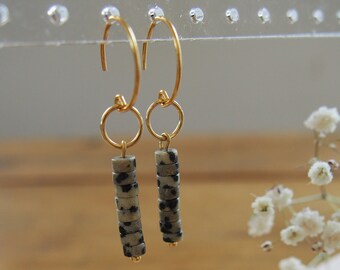 Hoop earrings in 24K fine gold-plated brass and Dalmatian jasper heishi roundel beads