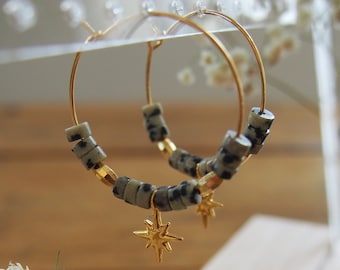 Hoop earrings in 24K fine gold-plated stainless steel with Dalmatian jasper heishi rondelle beads and gold star pendant