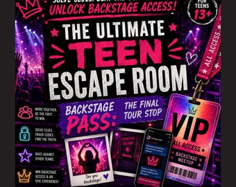 Escape Room-spel tiener afdrukbaar, concert backstage feestthema, slaapfeestje, logeerspel, verjaardagsactiviteit, print & play party kit