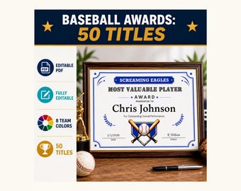Baseball Award Certificates Printable | 50 Editable Team Awards | End of Season Banquet | Senior Night | PDF & Canva Template| 8 Team Colors