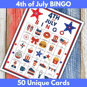 Bingo du 4 juillet, jeu imprimable du jour de l'indépendance, enfants, TOUS les âges, activité de fête de famille, plaisir du 4 juillet, 50 cartes de bingo patriotiques uniques