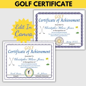 Golf Certificate, Golf Award, Customizable Printable, Editable Team Certificate, End of Season Golf Recognition, Sports Template, CoachAward