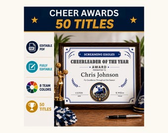 Cheerleader Certificates Printable | 50 Editable Cheer Awards | End of Season Banquet | Senior Night | PDF & Canva Templates | 8 Team Colors