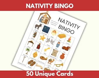 Nativity Bingo Game, 50 Unique Nativity Cards, Kids Holiday Game, Fun Family Activity, Christian Christmas Bingo, Printable Download