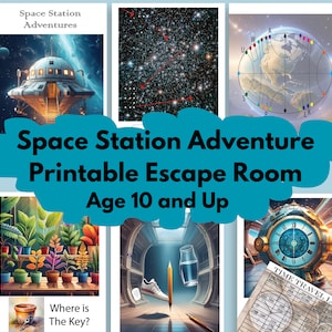 May include: A printable escape room game for ages 10 and up with a space station theme. The game includes images of a spaceship, a galaxy, a clock, a plant, and a key.