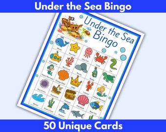 Bingo Cards - Under the Sea, Printable Party Game, Kids, ALL ages, Family Activity, 50 Unique Cards, Calling Cards Included, FUN