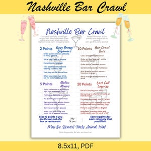 Nashville Schnitzeljagd, druckbare Spiele für Erwachsene für Partys, Bachelorette Spaß, Kneipentouren, Bar Spiele, Kreuzfahrtschiff Bar, Kneipentour