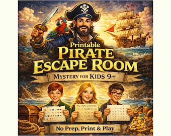 Pirate Escape Room Printable Game for Kids, Interconnected Mystery Puzzles, Ages 9+, Family Game Night or Birthday Party Activity