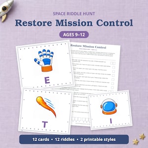 May include: Space Riddle Hunt Restore Mission Control game set for ages 9-12. Includes a printed riddle sheet and cards featuring illustrations of a space glove, a comet, and an astronaut helmet, each marked with a letter for the secret code.