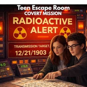 Op de afbeelding: Afbeelding ter promotie van een Teen Escape Room-ervaring. De scène toont drie jongeren voor een bedieningspaneel met de woorden "RADIOACTIVE ALERT" en "12/21/1903". Twee digitale displays tonen "378.0".