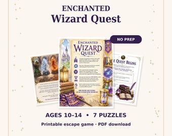 May include: A printable Enchanted Wizard Quest escape game PDF download for ages 10-14 featuring 7 puzzles. The game materials include illustrated instruction sheets with a castle, a crystal ball, an hourglass, and a purple scarf.