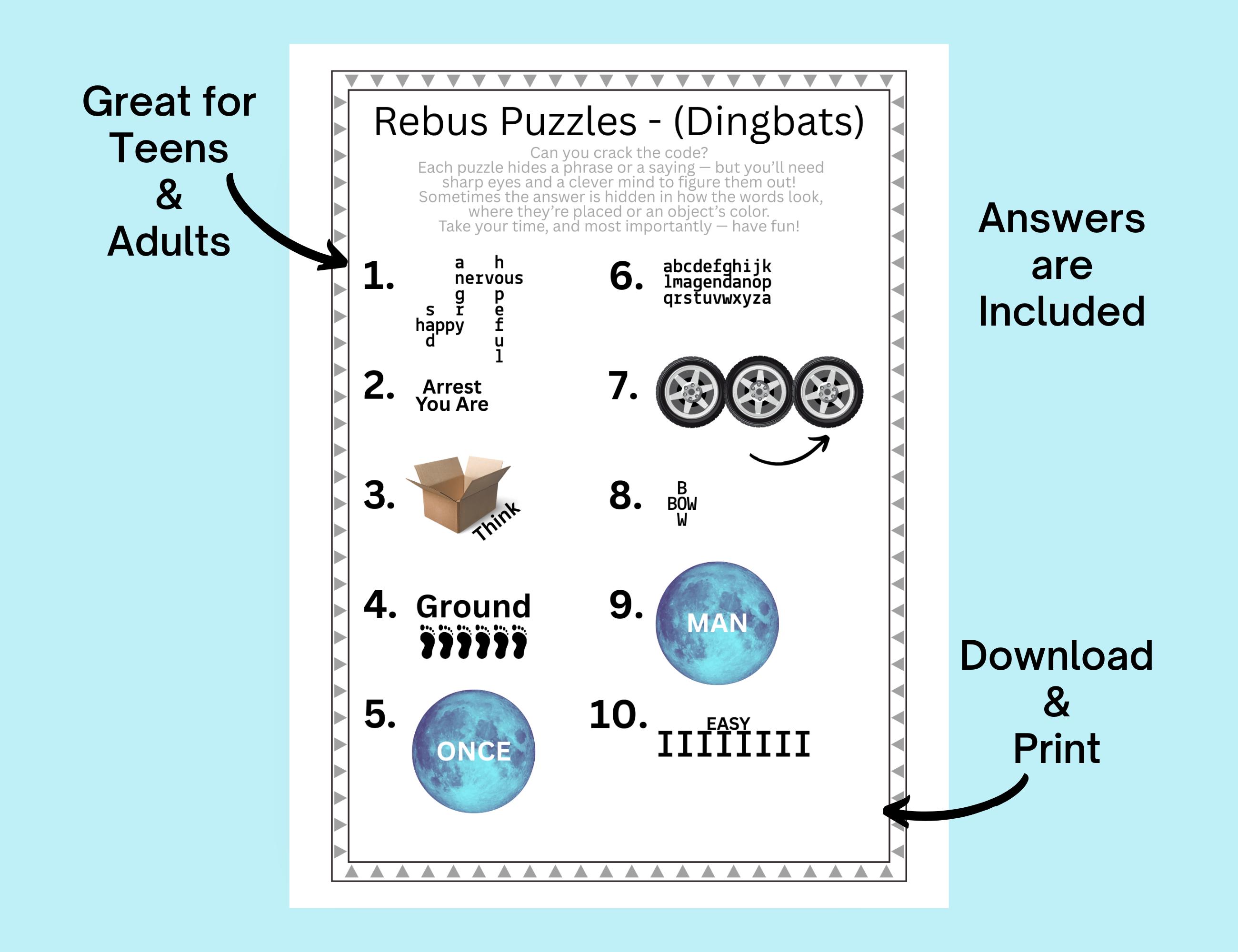 Rebus Puzzles for Teens and Adults ~ Dingbats ~ Brain Teasers ~ Word