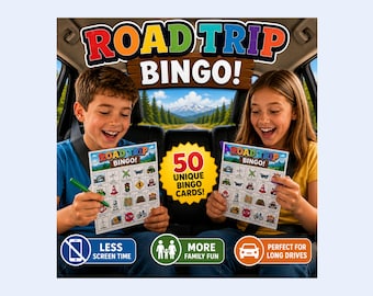 Road Trip Bingo Printable Game, Kid Travel Activity, Car Ride Game, Vacation Bingo, Family Road Trip, Printable Travel Game, 50 Unique Cards