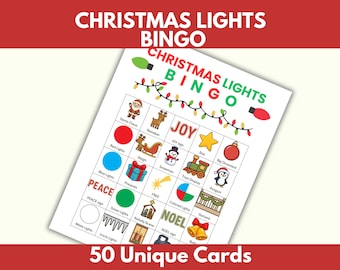 Christmas Lights Bingo Game, 50 Unique Cards, Family Activity, Holiday Bingo for Kids & Adults, Printable Download, Great Group Activity