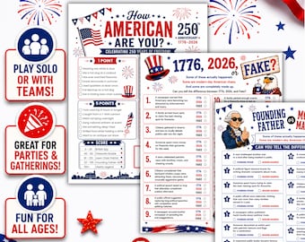 4th of July Party Games Bundle Printable, America 250 Trivia, Teen- Tween- Adult BBQ Game Pack, Patriotic, Team & Solo Games, Competitive
