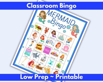 Mermaid Bingo Printable for Preschool, Classroom Bingo Game for Teachers, Ocean Theme Activity for Kids, 50 Unique Bingo Cards