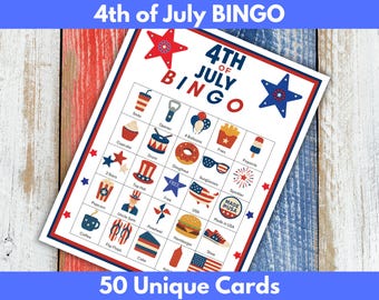 4th of July Bingo Game: 50 Unique Patriotic Cards (Printable Digital Download)