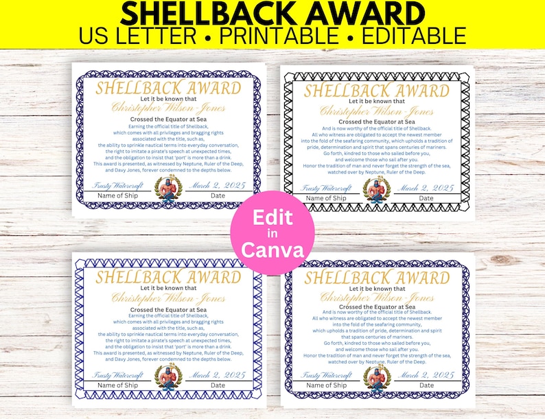 Shellback Template Certificate, Nautical Party Awards, Custom Award ...