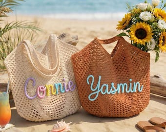 Personalisierte häkeln Strandtasche, Benutzerdefinierte Name Baumwollgarn handgemachte Tasche, Brautjungfer Strandtasche, leichte atmungsaktive & Reise Strandtasche
