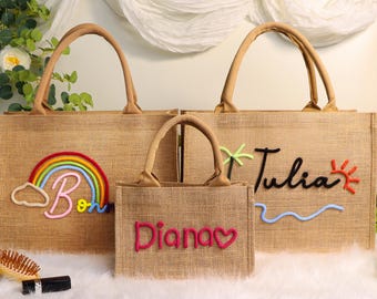 Personalized Burlap Tote Bag| Custom Bridesmaid Bag| Monogram &Illustration Beach Bag| Bachelorette Bag| Customized Bag for any occasion