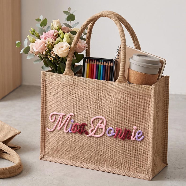 Personalized Burlap Teacher Tote, Custom Crochet Name Bag, Teacher Appreciation Gift, Mrs. Teacher Gift, Back to School & End of Year image 8