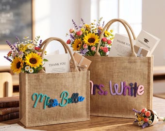 Bolso personalizado para profesor/a, bolsa con nombre personalizado para profesor/a, regalo de agradecimiento para la vuelta al cole, Navidad, fin de curso.