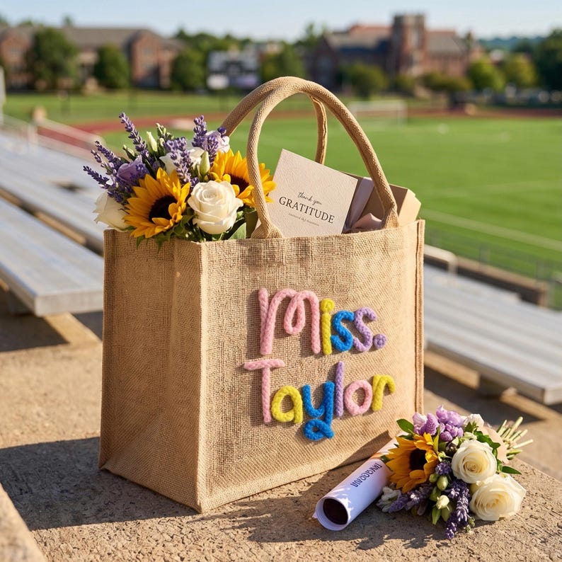 May include: A tan burlap tote bag featuring the text "miss. Taylor" in raised, multi-colored yarn lettering. The bag contains a bouquet of sunflowers, white roses, and purple lavender, along with a card that reads "thank you GRATITUDE".