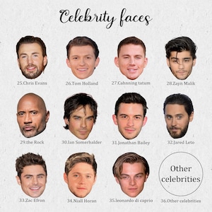 K&ouml;nnte beinhalten: Eine Collage mit 36 Gesichtern von Prominenten, darunter Chris Evans, Tom Holland, Channing Tatum, Zayn Malik, The Rock, Ian Somerhalder, Jonathan Bailey, Jared Leto, Zac Efron, Niall Horan und Leonardo DiCaprio. Die Collage tr&auml;gt den Titel "Celebrity Faces".