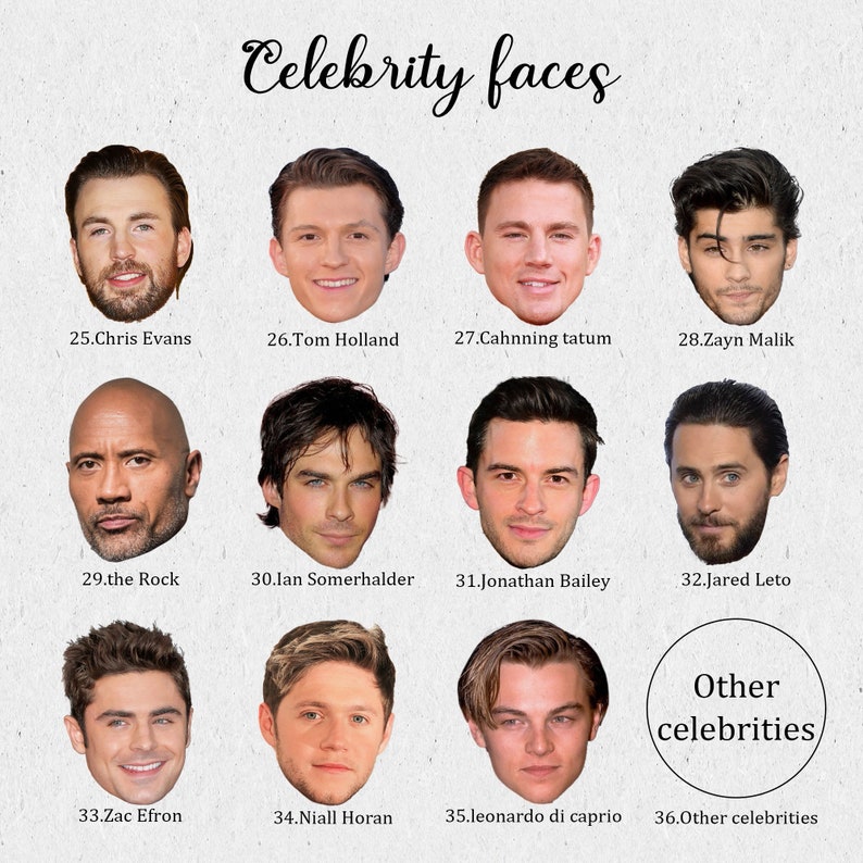K&ouml;nnte beinhalten: Eine Collage mit 36 Gesichtern von Prominenten, darunter Chris Evans, Tom Holland, Channing Tatum, Zayn Malik, The Rock, Ian Somerhalder, Jonathan Bailey, Jared Leto, Zac Efron, Niall Horan und Leonardo DiCaprio. Die Collage tr&auml;gt den Titel "Celebrity Faces".