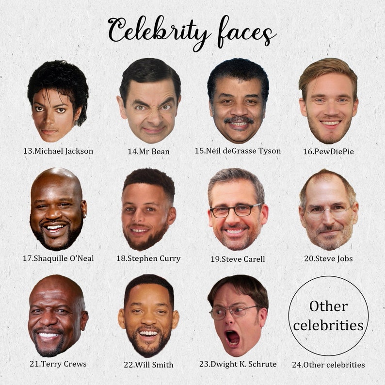 K&ouml;nnte beinhalten: Eine Collage von Promi-Gesichtern, darunter Michael Jackson, Mr. Bean, Neil deGrasse Tyson, PewDiePie, Shaquille O'Neal, Stephen Curry, Steve Carell, Steve Jobs, Terry Crews, Will Smith, Dwight K. Schrute und andere Prominente.