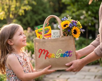 Gepersonaliseerde jute lerarentas, op maat gehaakt naamtasje, cadeau leraar waardering, cadeau mevrouw leraar, terug naar school en eindejaar