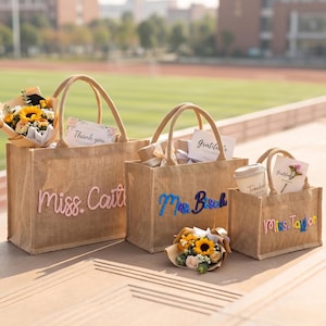 Personalized Burlap Teacher Tote, Custom Crochet Name Bag, Teacher Appreciation Gift, Mrs. Teacher Gift, Back to School & End of Year image 11