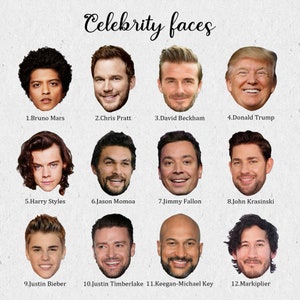 K&ouml;nnte beinhalten: Eine Collage mit 12 Gesichtern von Prominenten, darunter Bruno Mars, Chris Pratt, David Beckham, Donald Trump, Harry Styles, Jason Momoa, Jimmy Fallon, John Krasinski, Justin Bieber, Justin Timberlake, Keegan-Michael Key und Markiplier.