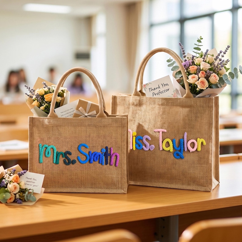 May include: Two tan jute tote bags with rope-style lettering. The smaller bag reads "Mrs. Smith" in blue and purple, while the larger bag reads "Miss. Taylor" in multi-colored yarn. Both bags contain floral bouquets and cards.