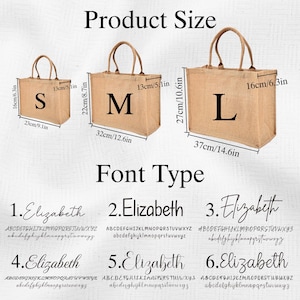 May include: Three tan jute tote bags labeled S, M, and L with dimensions in inches and centimeters. Small is 6.3x9.1x5.1 inches, medium is 8.7x12.6x5.1 inches, and large is 10.6x14.6x6.3 inches. Six font styles are displayed with the name Elizabeth.