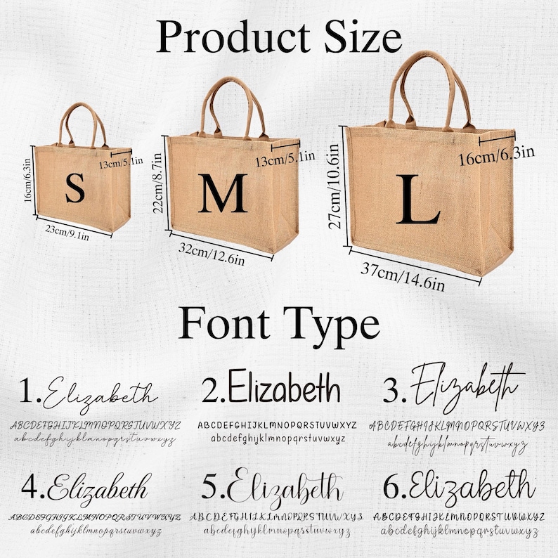 May include: Three tan jute tote bags labeled S, M, and L with dimensions in inches and centimeters. Small is 6.3x9.1x5.1 inches, medium is 8.7x12.6x5.1 inches, and large is 10.6x14.6x6.3 inches. Six font styles are displayed with the name Elizabeth.