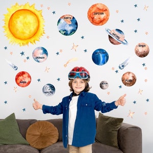 Solar System Wall Decals for Kids | Watercolor Planets Stickers | Space Learning Room Decor