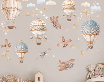 Vintage Hot Air Balloon & Airplane Wall Decals | Adventure Nursery Stickers | Kids Room Cloud Decor